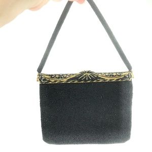 1940s Beaded Evening Purse Black w/Gold Accents